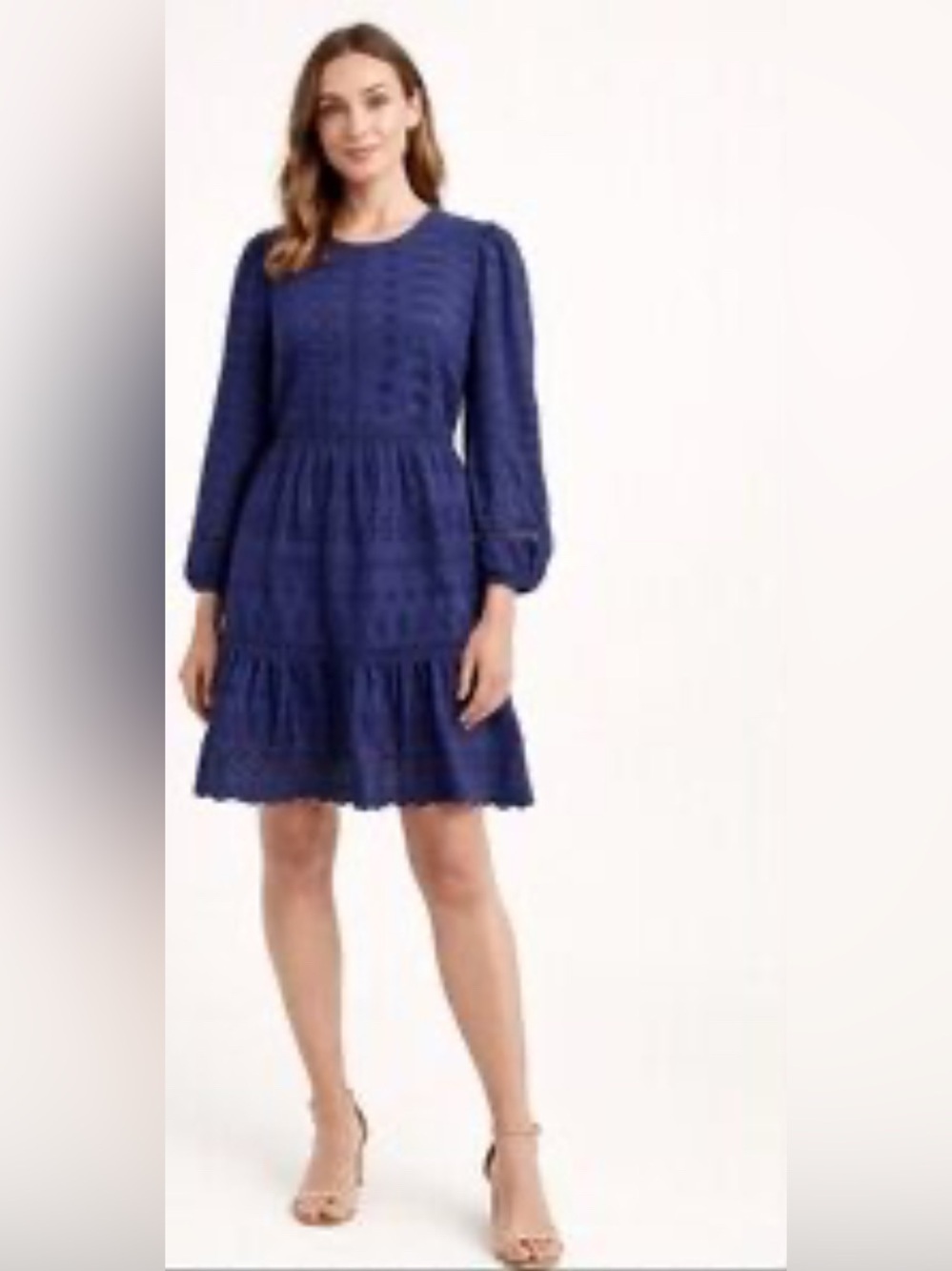 J. Crew Navy Long-Sleeve Mini Eyelet Dress Size-00 Soft Elegance 100% Cotton
